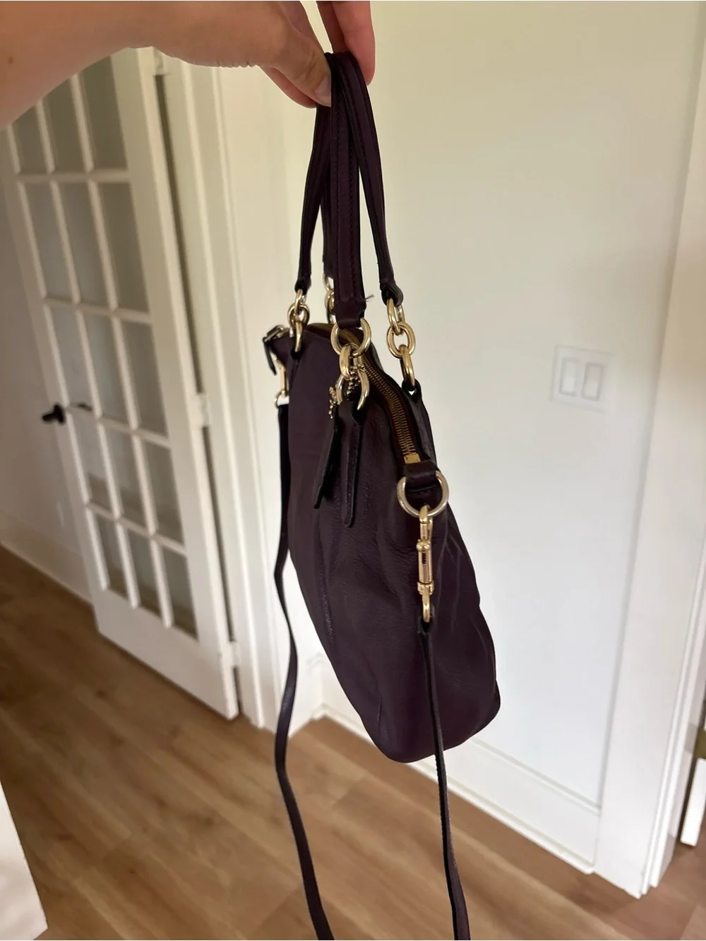 Coach Mini Satchel Kelsey Plum Leather Tote with Gold Chain Handles